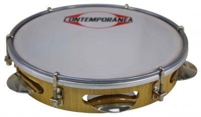 Pandeireta de madeira clara com pele branca e cimbais metálicos