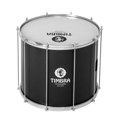 Tambor de percussão Timbra preto com aros metálicos e marca visível