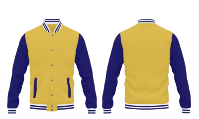 Casaco tipo universitário amarelo com mangas azuis e detalhes às riscas