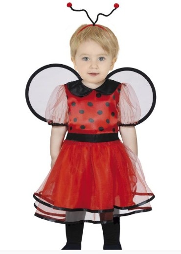 Fato de joaninha para criança, vestido vermelho com pontos pretos e asas transparentes