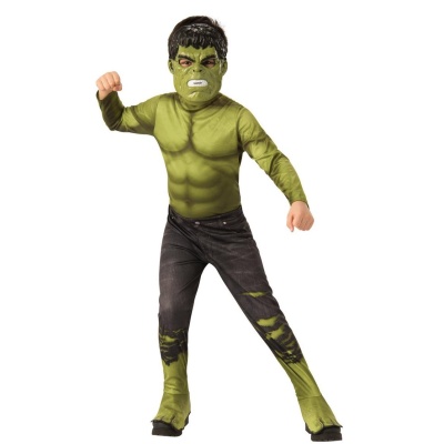 Fato infantil do Hulk com máscara verde e roupa estampada de músculos e calças rasgadas