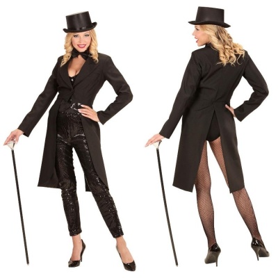 Casaco fraque preto feminino com chapéu de cartola e bengala.
