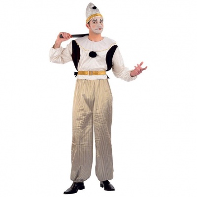 Fato de Palhaço Pierrot bege e preto para adulto com chapéu pontiagudo