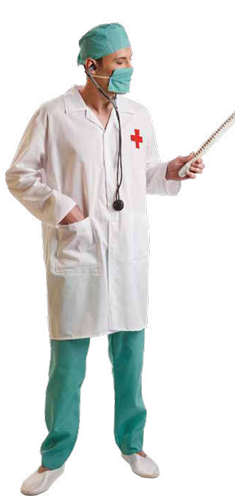 Médico com bata branca, calças, touca e máscara verdes, segurando lâmina de microscópio