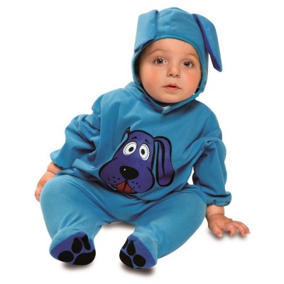 Bebé com fato azul de cão sentado