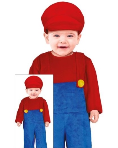 Bebé com roupa vermelha e azul e boina vermelha