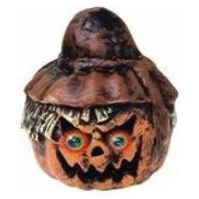 Decoração de abóbora de Halloween com chapéu castanho e olhos verdes