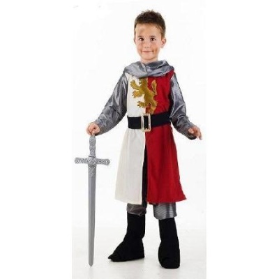 Criança com disfarce de cavaleiro e espada de plástico.
