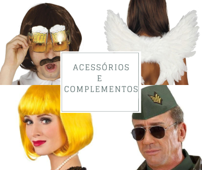 Quatro acessórios com óculos de cerveja, asas de anjo, peruca amarela e chapéu militar verde