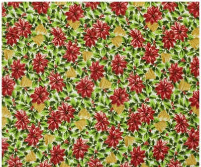 Tecido com flores vermelhas, sinos dourados e folhas verdes