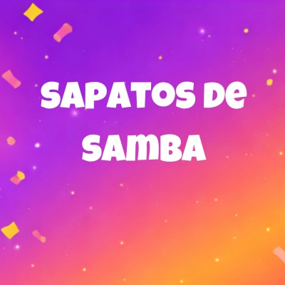Texto SAPATOS DE SAMBA em fundo colorido roxo e laranja com detalhes gráficos