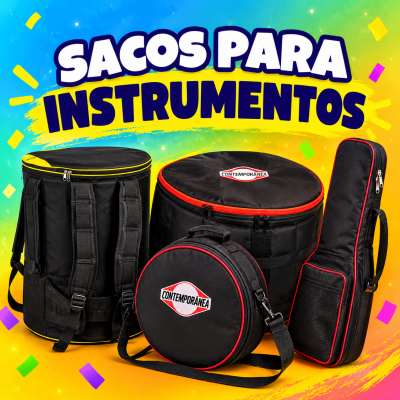 quatro sacos para instrumentos pretos com detalhes coloridos e texto SACOS PARA INSTRUMENTOS