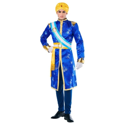 Fato de príncipe indiano azul com detalhes dourados e faixa azul e branca