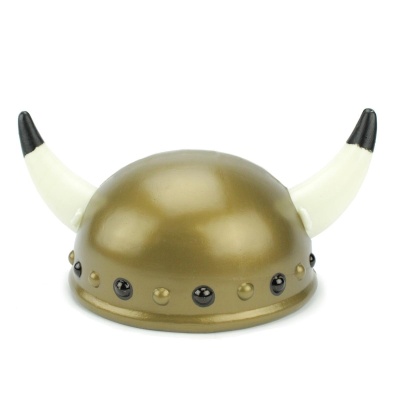 Capacete de fantasia dourado com cornos brancos e pontas pretas