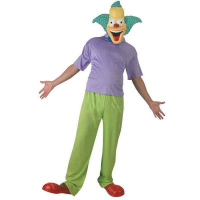 Fato de palhaço com máscara amarela e cabelo verde, camisa roxa, calças verdes e sapatos vermelhos grandes