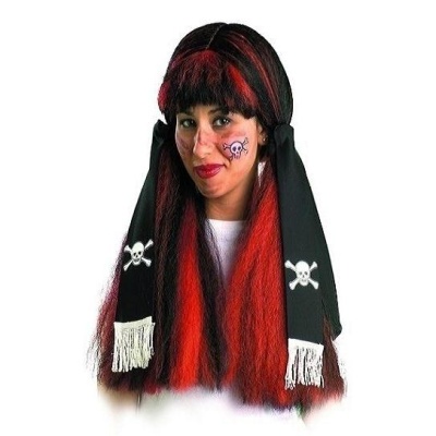 Peruca preta e vermelha com franjas pretas com caveiras brancas