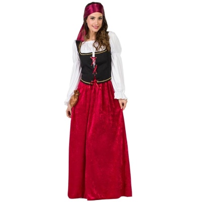 Vestido de fantasia pirata vermelho, preto e branco com faixa na cabeça