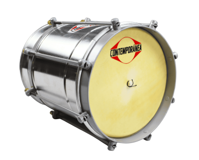 Tambor em metal cinza com pele amarela e texto CONTEMPORÂNEA