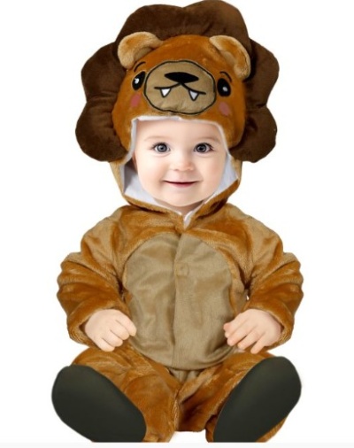 Fato de bebé em pelúcia castanha com capuz de leão e sapatilhas pretas