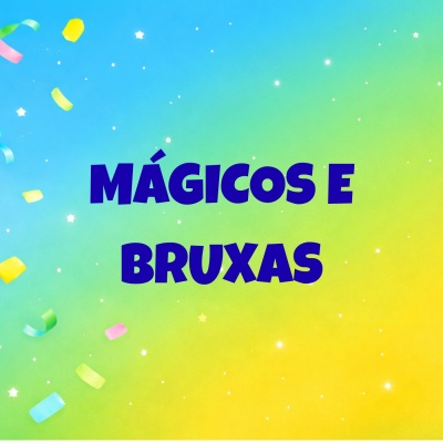 Texto MÁGICOS E BRUXAS em fundo colorido com estrelas e confetes