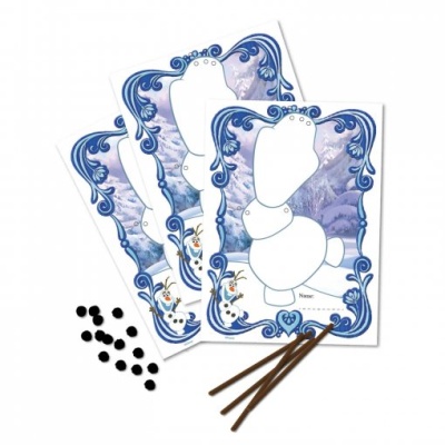 Folhas com moldura azul para montar boneco de neve, palitos de madeira e botões pretos