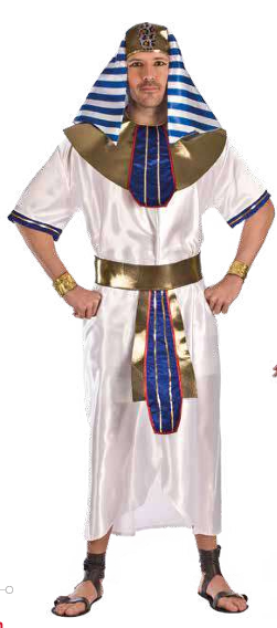 Fato egípcio branco com detalhes dourados e azuis