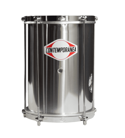Tambor musical metálico prateado com logotipo Contemporânea
