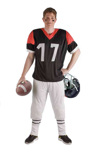 Jogador de futebol americano com camisola número 17 e equipamento completo.