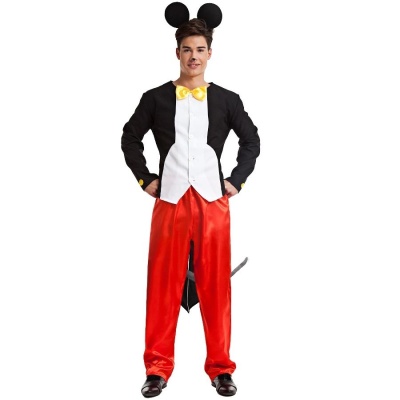 Fato de fantasia Mickey Mouse com camisa preta e branca, laço amarelo, calças vermelhas e orelhas.