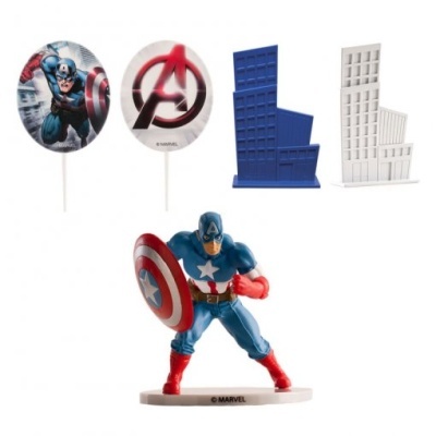 Figura do Capitão América, edifícios e balões com tema dos Vingadores