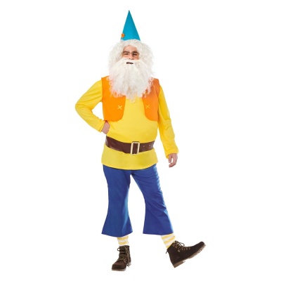 Fantasia de anão colorida com barba branca e chapéu de cone azul claro.