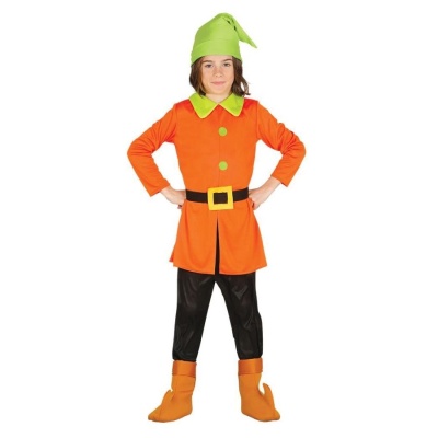 Fantasia de duende com túnica laranja, gola e botões verdes, cinto preto, calças pretas, botas e gorro verdes em fundo branco
