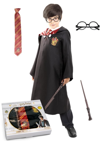 Fato de Carnaval Harry Potter para criança com túnica, gravata, varinha e óculos.
