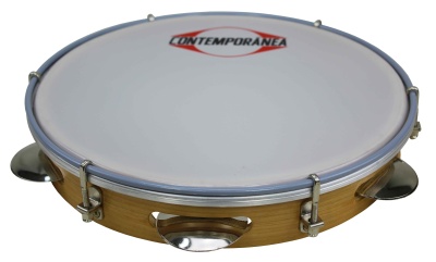 Pandeireta de madeira clara com pele branca e platinelas metálicas