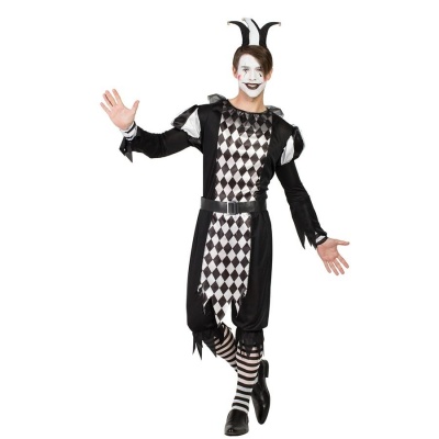 Fato de palhaço adulto com losangos pretos e cinzentos e detalhe listrado