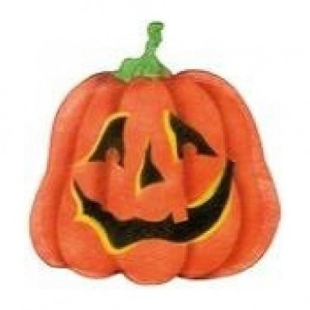 Abóbora de Halloween em tecido com feições recortadas pretas e amarelas