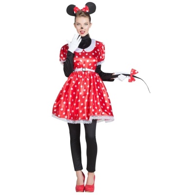 Fantasia feminina Minnie Mouse com vestido vermelho de bolinhas brancas e acessórios pretos e vermelhos