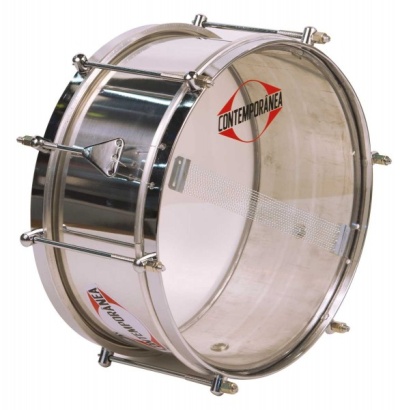 Tambor metálico com pele transparente e texto CONTEMPORANEA