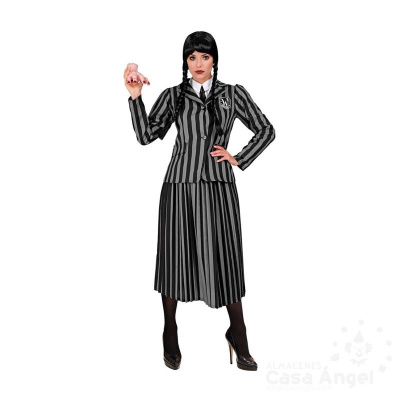 Roupa feminina preta e cinza riscas verticais com blazer e saia plissada
