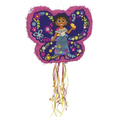 Piñata em forma de borboleta com personagem desenhada e fitas coloridas penduradas