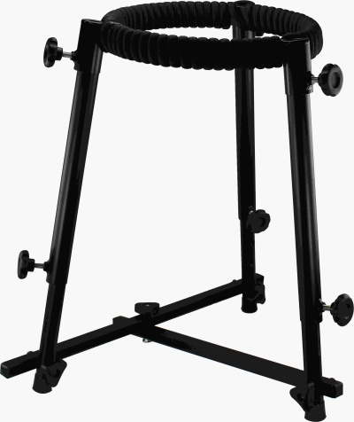 Suporte metálico preto com almofada enrolada preta e parafusos de ajuste