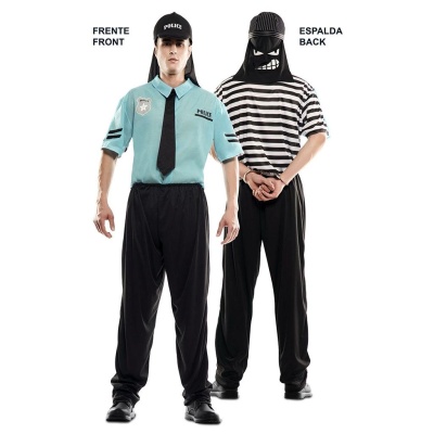 Dois fatos temáticos, um de polícia e outro de prisioneiro, com texto frontal e traseiro