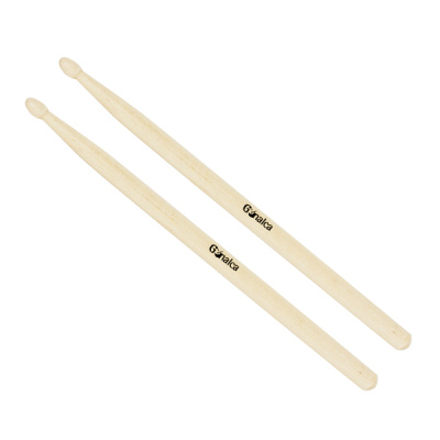 Par de baquetas de bateria de madeira clara com texto Galca