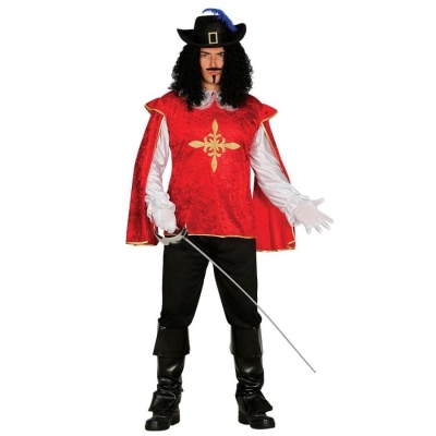 Fato de mosqueteiro vermelho, branco e preto com chapéu e espada.