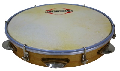 Pandeireta de madeira com pele e aro metálico, marca INTEMPORANEA