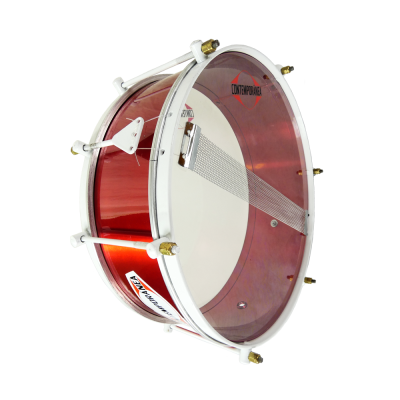 Bombo de bateria vermelho com bordas brancas e texto CONTEMPORANEA