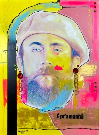 Retrato artístico masculino com boina branca e texto 'É pr'amanhã'