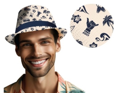 Chapéu branco com padrão azul tropical e frase GOOD VIBES