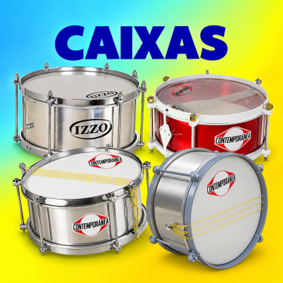 Quatro caixas de percussão metálicas com logos CONTEMPORÂNEA e IZZO, fundo azul amarelo e texto CAIXAS.