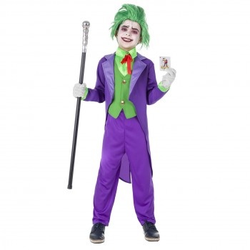 Fato de Carnaval infantil do Coringa com casaco roxo, colete verde, e peruca verde